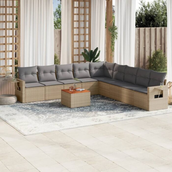 Salon de jardin avec coussins 10 pcs beige résine tressée – Image 1