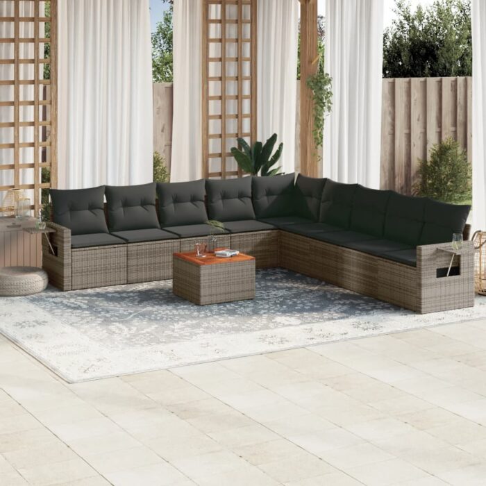 Salon de jardin avec coussins 10 pcs gris résine tressée – Image 1