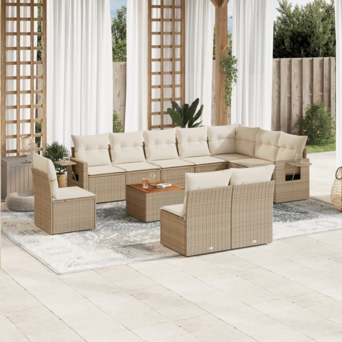 Salon de jardin 11 pcs avec coussins beige résine tressée – Image 1