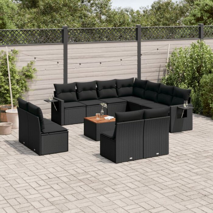 Salon de jardin 12 pcs avec coussins noir résine tressée – Image 1