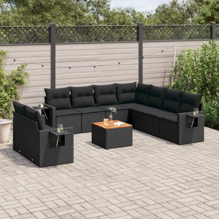 Salon de jardin 10 pcs avec coussins noir résine tressée – Image 1