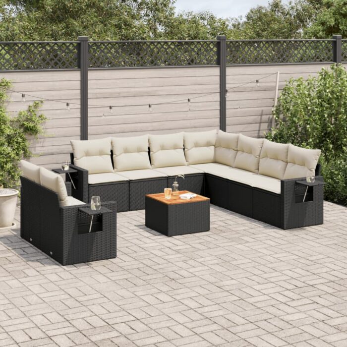 Salon de jardin 10 pcs avec coussins noir résine tressée – Image 1