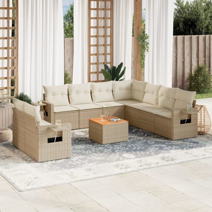 Salon de jardin avec coussins 10 pcs beige résine tressée – Image 1