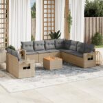 Salon de jardin avec coussins 10 pcs beige résine tressée