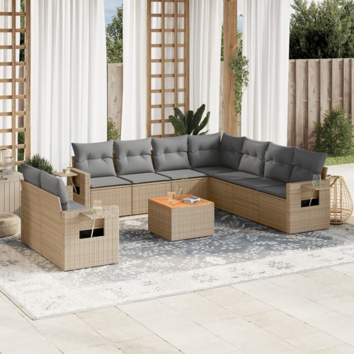 Salon de jardin avec coussins 10 pcs beige résine tressée – Image 1
