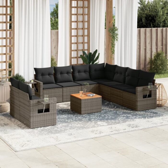Salon de jardin avec coussins 10 pcs gris résine tressée – Image 1