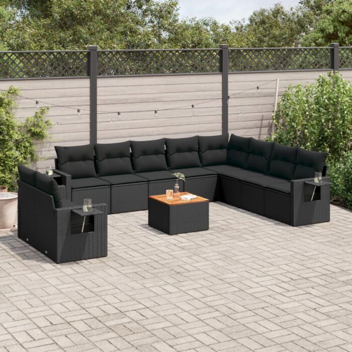 Salon de jardin 11 pcs avec coussins noir résine tressée – Image 1
