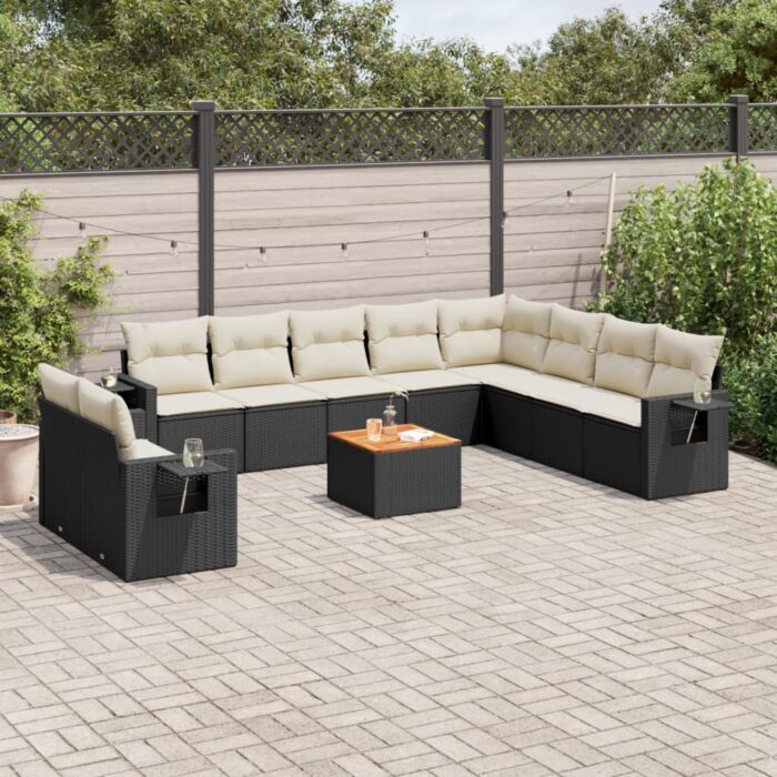 Salon de jardin 11 pcs avec coussins noir résine tressée – Image 1