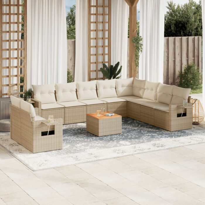 Salon de jardin 11 pcs avec coussins beige résine tressée – Image 1