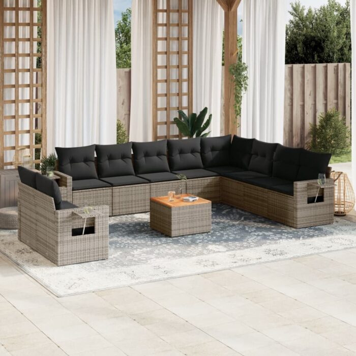Salon de jardin 11 pcs avec coussins gris résine tressée – Image 1