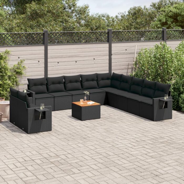 Salon de jardin 12 pcs avec coussins noir résine tressée – Image 1