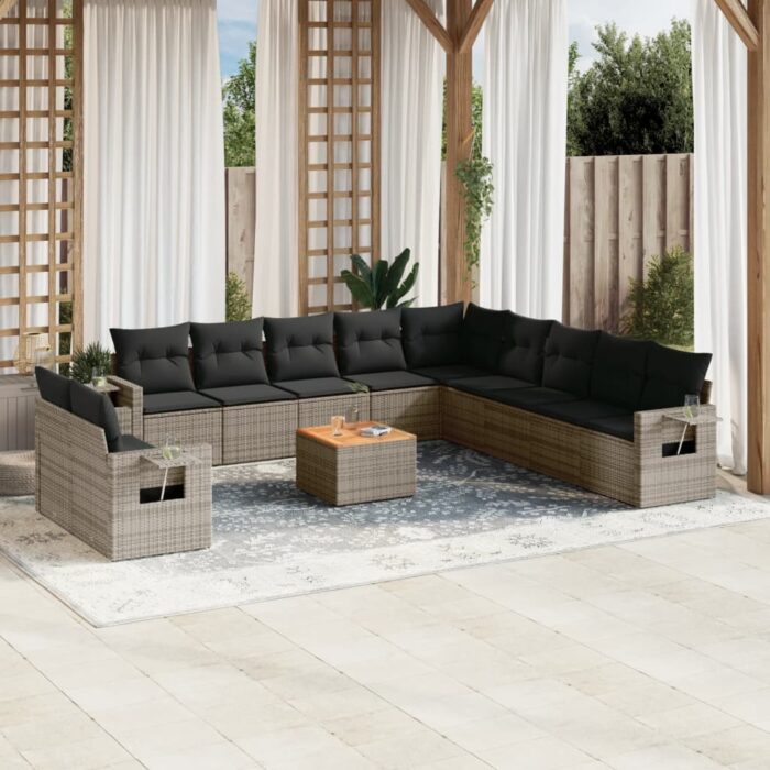Salon de jardin avec coussins 12 pcs gris résine tressée – Image 1