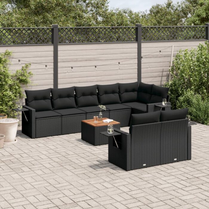 Salon de jardin 9 pcs avec coussins noir résine tressée – Image 1