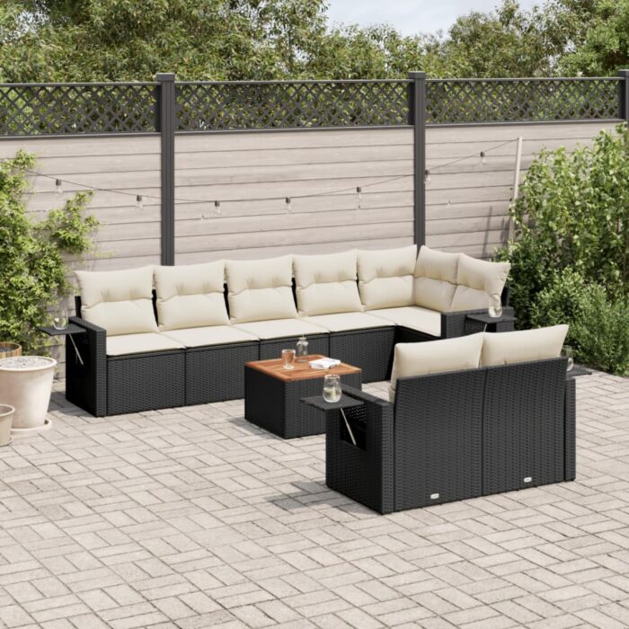 Salon de jardin 9 pcs avec coussins noir résine tressée – Image 1