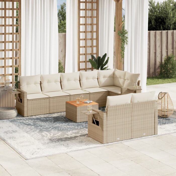 Salon de jardin avec coussins 9 pcs beige résine tressée – Image 1