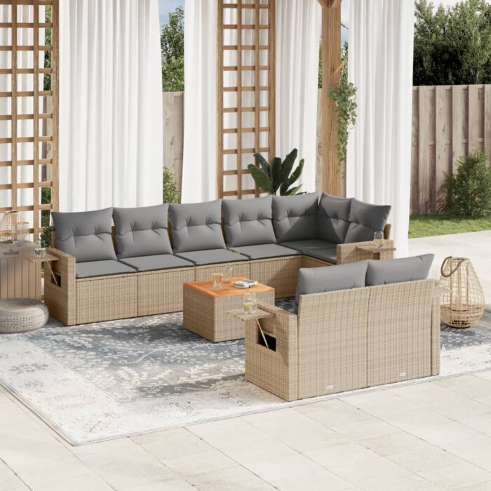 Salon de jardin avec coussins 9 pcs beige résine tressée – Image 1