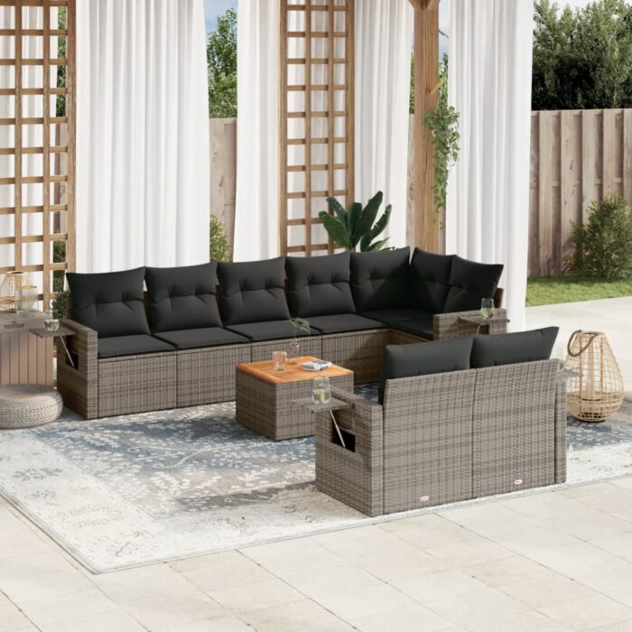 Salon de jardin 9 pcs avec coussins gris résine tressée – Image 1