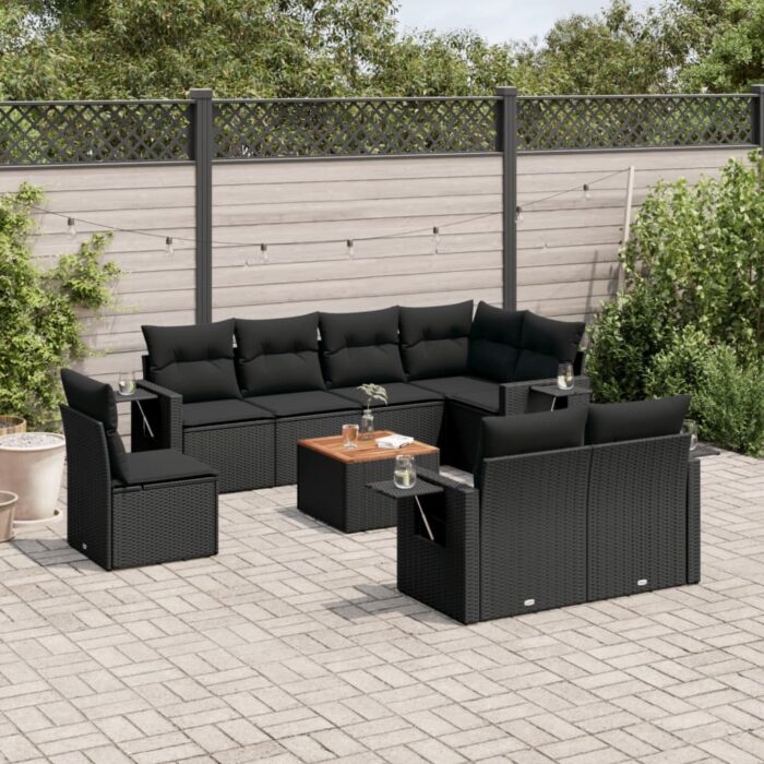 Salon de jardin 9 pcs avec coussins noir résine tressée – Image 1