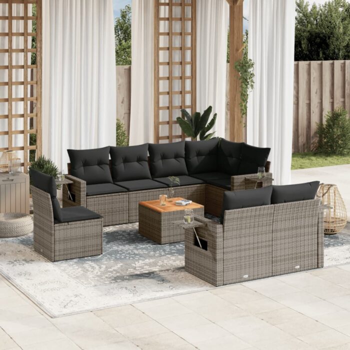 Salon de jardin 9 pcs avec coussins gris résine tressée – Image 1