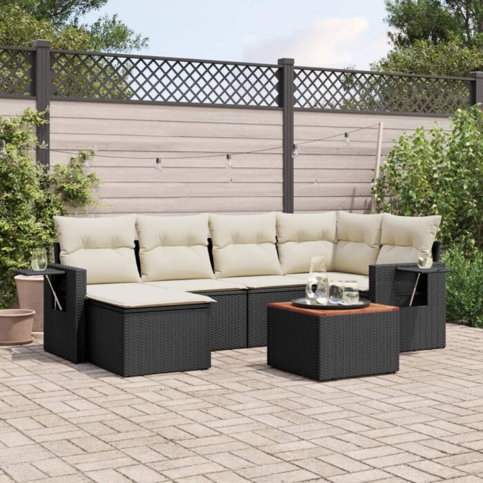 Salon de jardin 7 pcs avec coussins noir résine tressée – Image 1