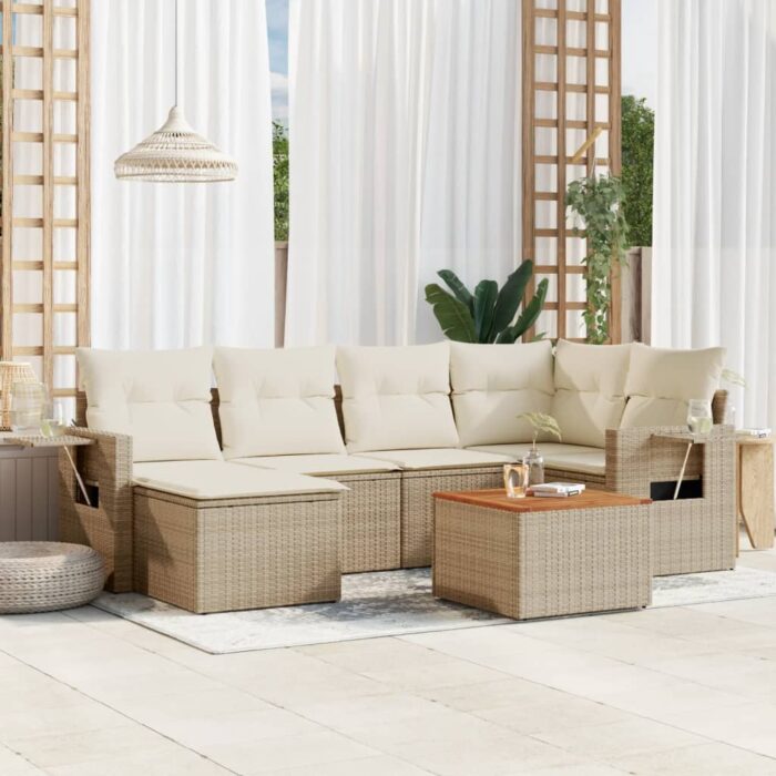 Salon de jardin avec coussins 7 pcs beige résine tressée – Image 1