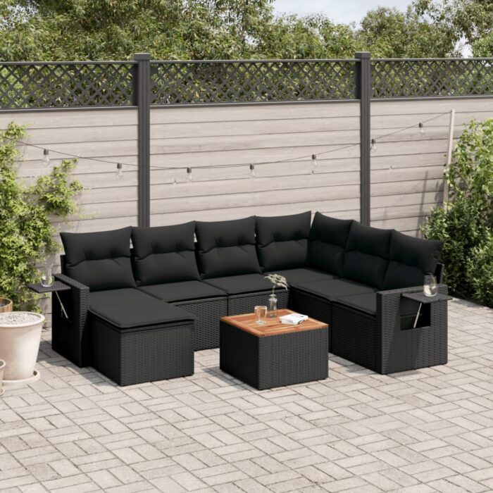 Salon de jardin 8 pcs avec coussins noir résine tressée – Image 1