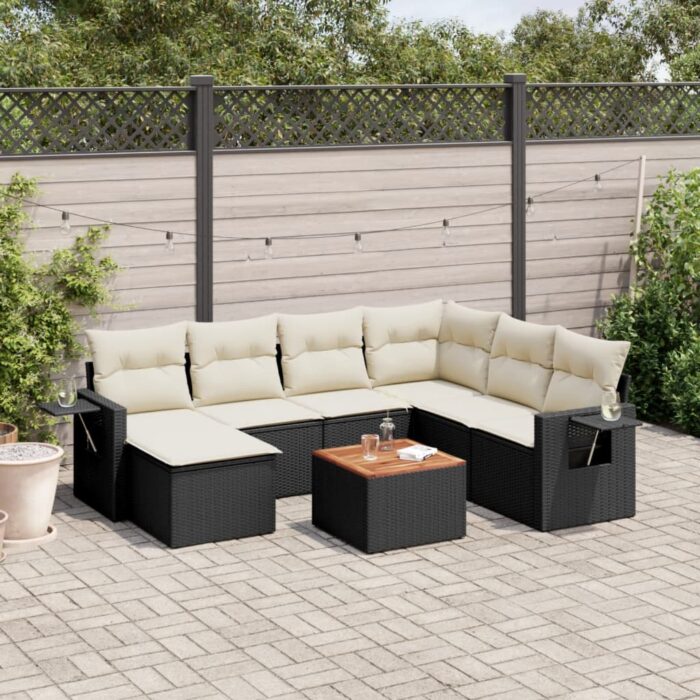 Salon de jardin 8 pcs avec coussins noir résine tressée – Image 1