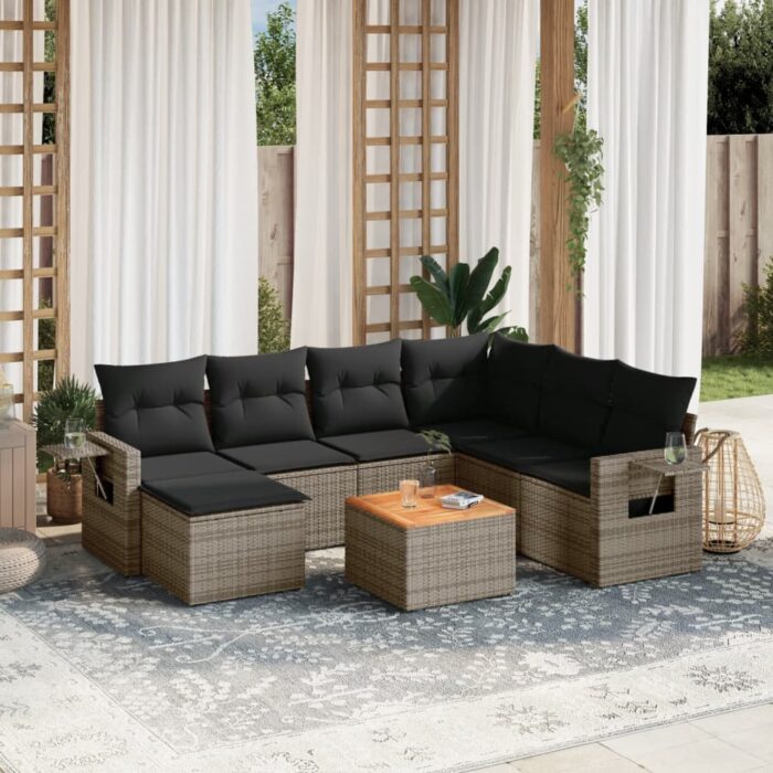 Salon de jardin 8 pcs avec coussins gris résine tressée – Image 1
