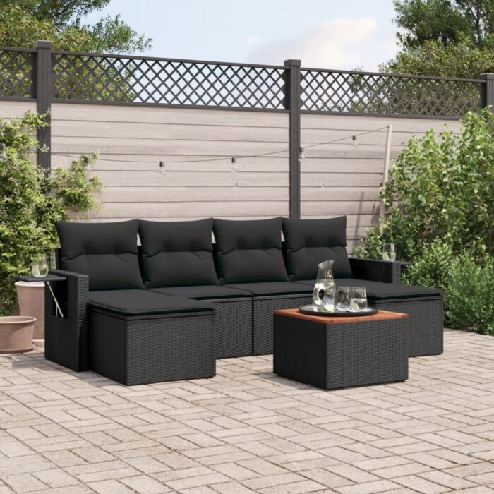 Salon de jardin 7 pcs avec coussins noir résine tressée – Image 1