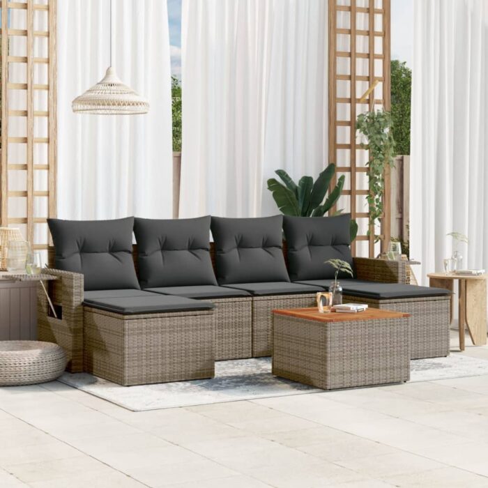 Salon de jardin avec coussins 7 pcs gris résine tressée – Image 1