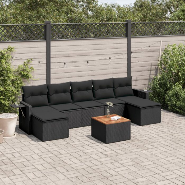 Salon de jardin 8 pcs avec coussins noir résine tressée – Image 1