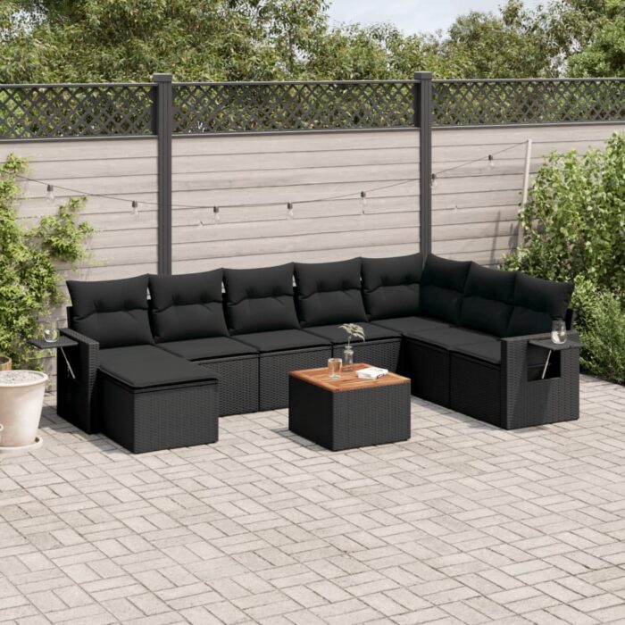 Salon de jardin 9 pcs avec coussins noir résine tressée – Image 1