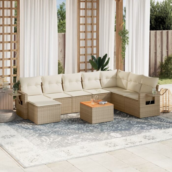 Salon de jardin avec coussins 9 pcs beige résine tressée – Image 1