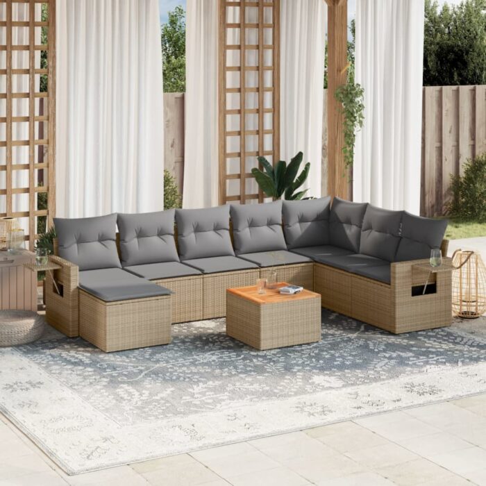Salon de jardin avec coussins 9 pcs beige résine tressée – Image 1