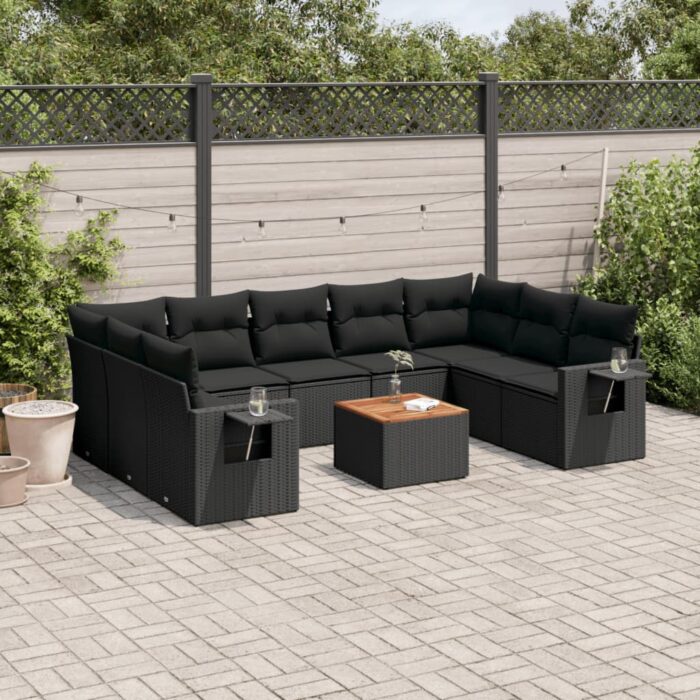 Salon de jardin 10 pcs avec coussins noir résine tressée – Image 1