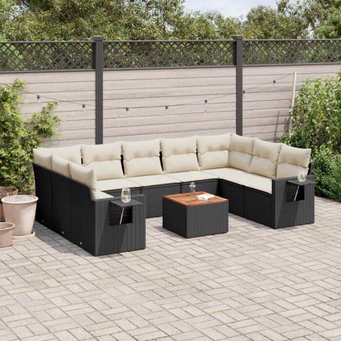 Salon de jardin 10 pcs avec coussins noir résine tressée – Image 1