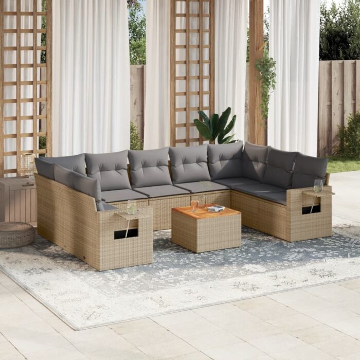 Salon de jardin avec coussins 10 pcs beige résine tressée – Image 1