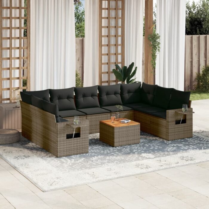 Salon de jardin avec coussins 10 pcs gris résine tressée – Image 1