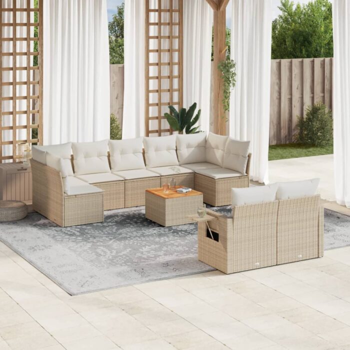 Salon de jardin avec coussins 10 pcs beige résine tressée – Image 1