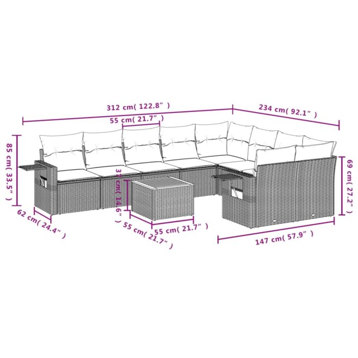 Salon de jardin 10 pcs avec coussins noir résine tressée – Image 8