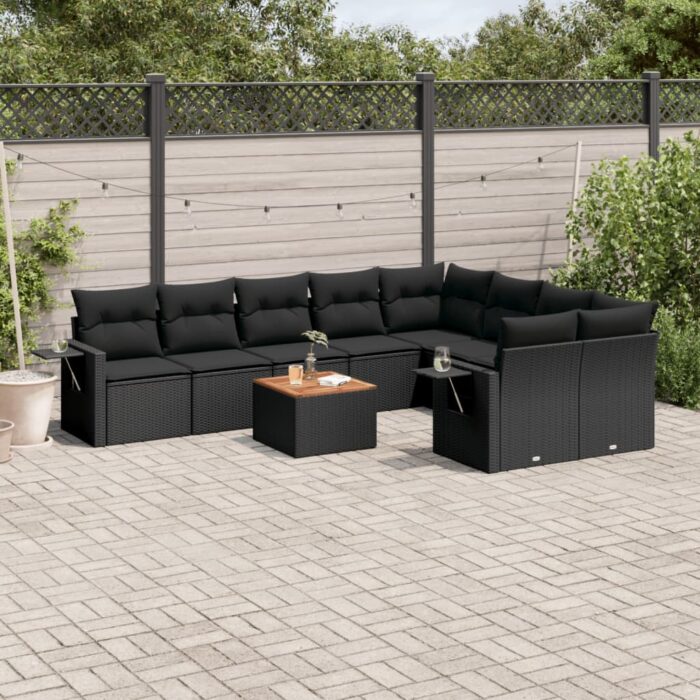 Salon de jardin 10 pcs avec coussins noir résine tressée – Image 1