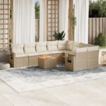 Salon de jardin avec coussins 10 pcs beige résine tressée
