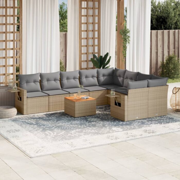 Salon de jardin avec coussins 10 pcs beige résine tressée – Image 1