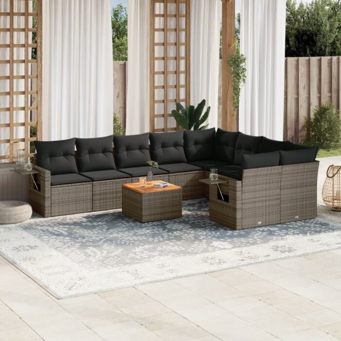 Salon de jardin avec coussins 10 pcs gris résine tressée – Image 1