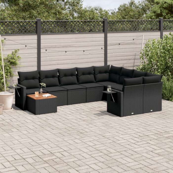 Salon de jardin 10 pcs avec coussins noir résine tressée – Image 1