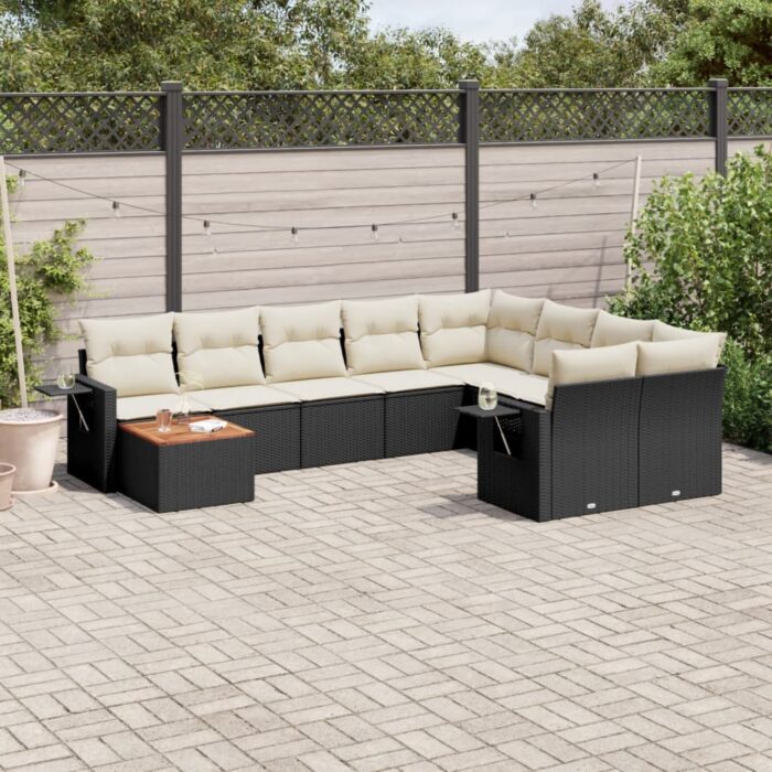Salon de jardin 10 pcs avec coussins noir résine tressée – Image 1