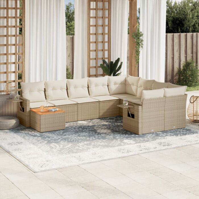 Salon de jardin avec coussins 10 pcs beige résine tressée – Image 1