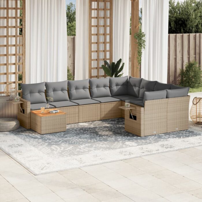 Salon de jardin avec coussins 10 pcs beige résine tressée – Image 1