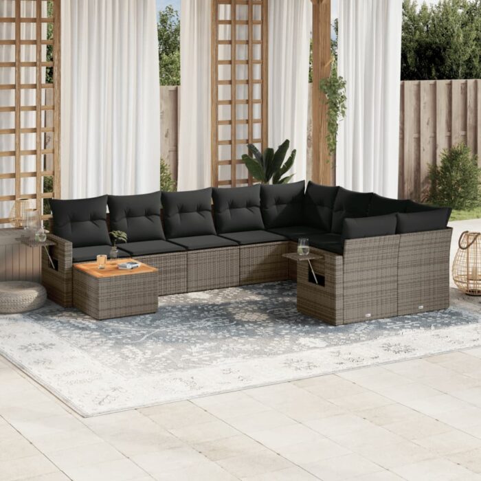 Salon de jardin avec coussins 10 pcs gris résine tressée – Image 1