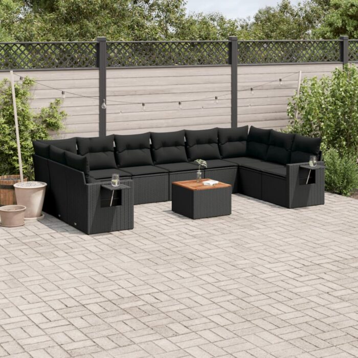 Salon de jardin 11 pcs avec coussins noir résine tressée – Image 1